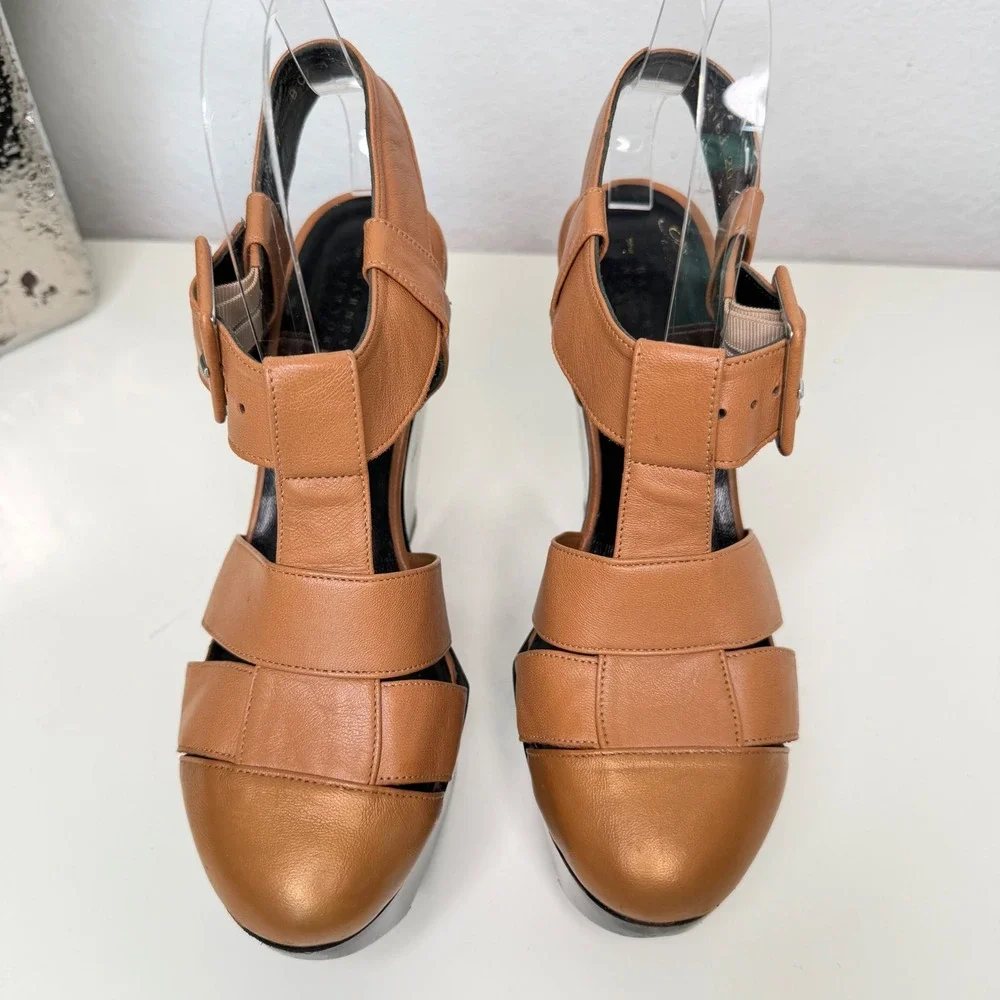 Robert Clergerie Wedge Sandals‎ Tan Leather Platform Architectural 39.5 FR/9US
